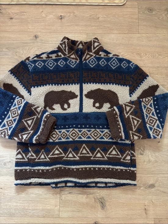 No Boundaries Other - Men's Blue Brown Cream Patterned Sherpa Half-Zip Sweater